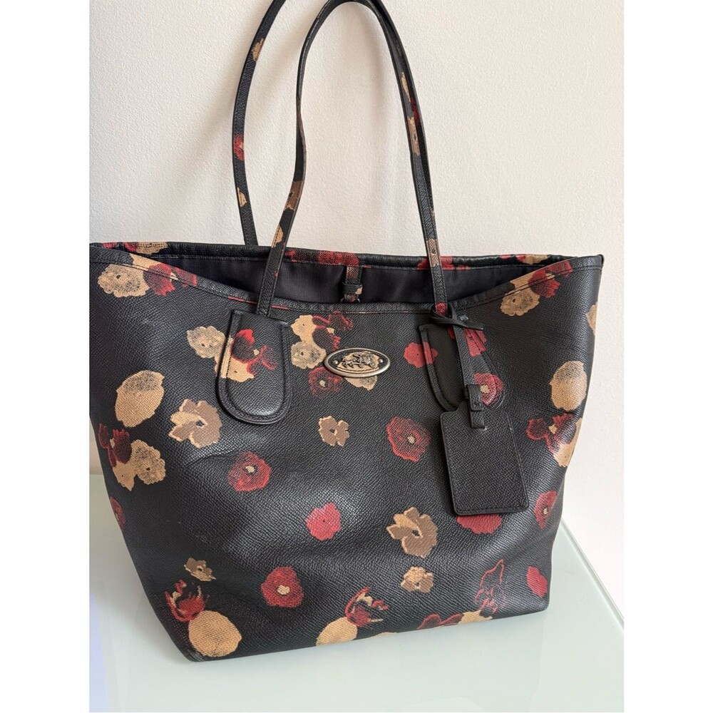 Coach Black Floral Tote with Red and Tan Bloom Print - Picture 5 of 15